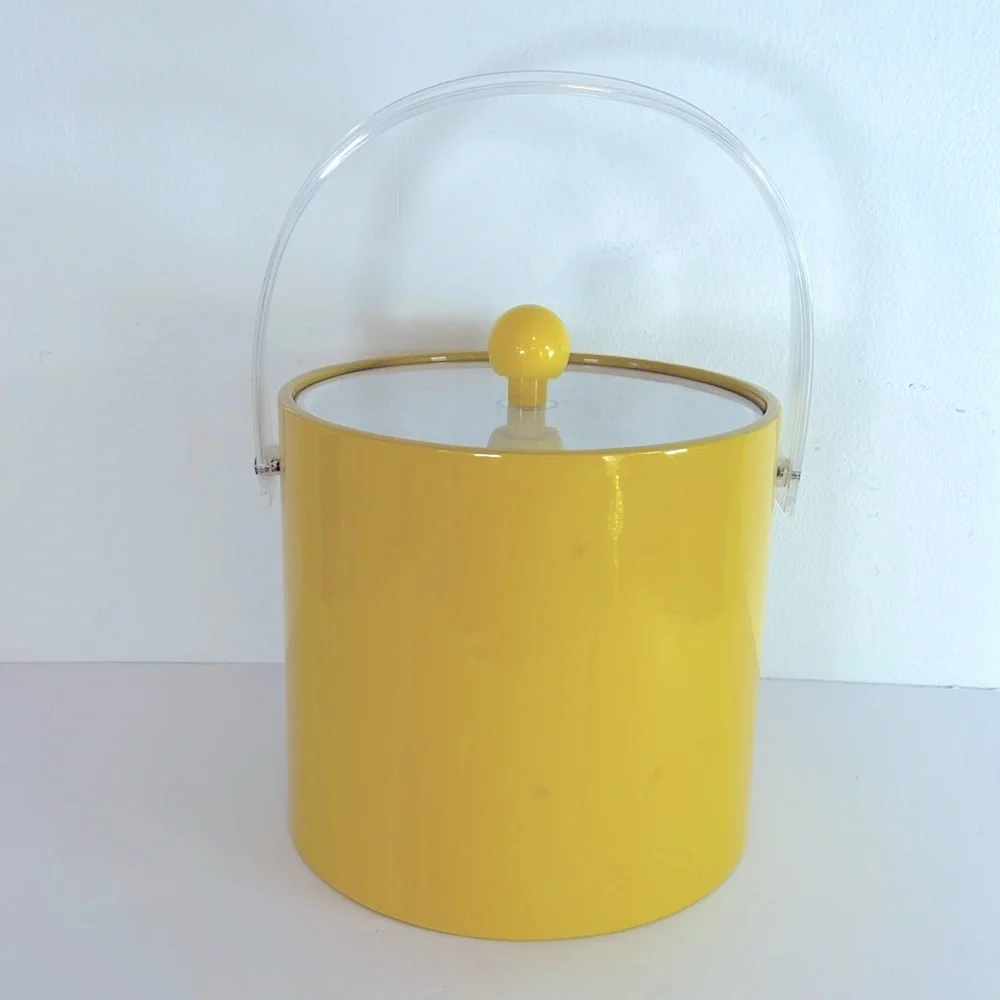 Vintage 1970s Taiwan Vinyl Yellow Ice Bucket with Clear Acrylic Handle & Lid